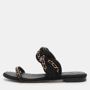 Chanel Black Suede Chain Embellished Flat Slides Size 36